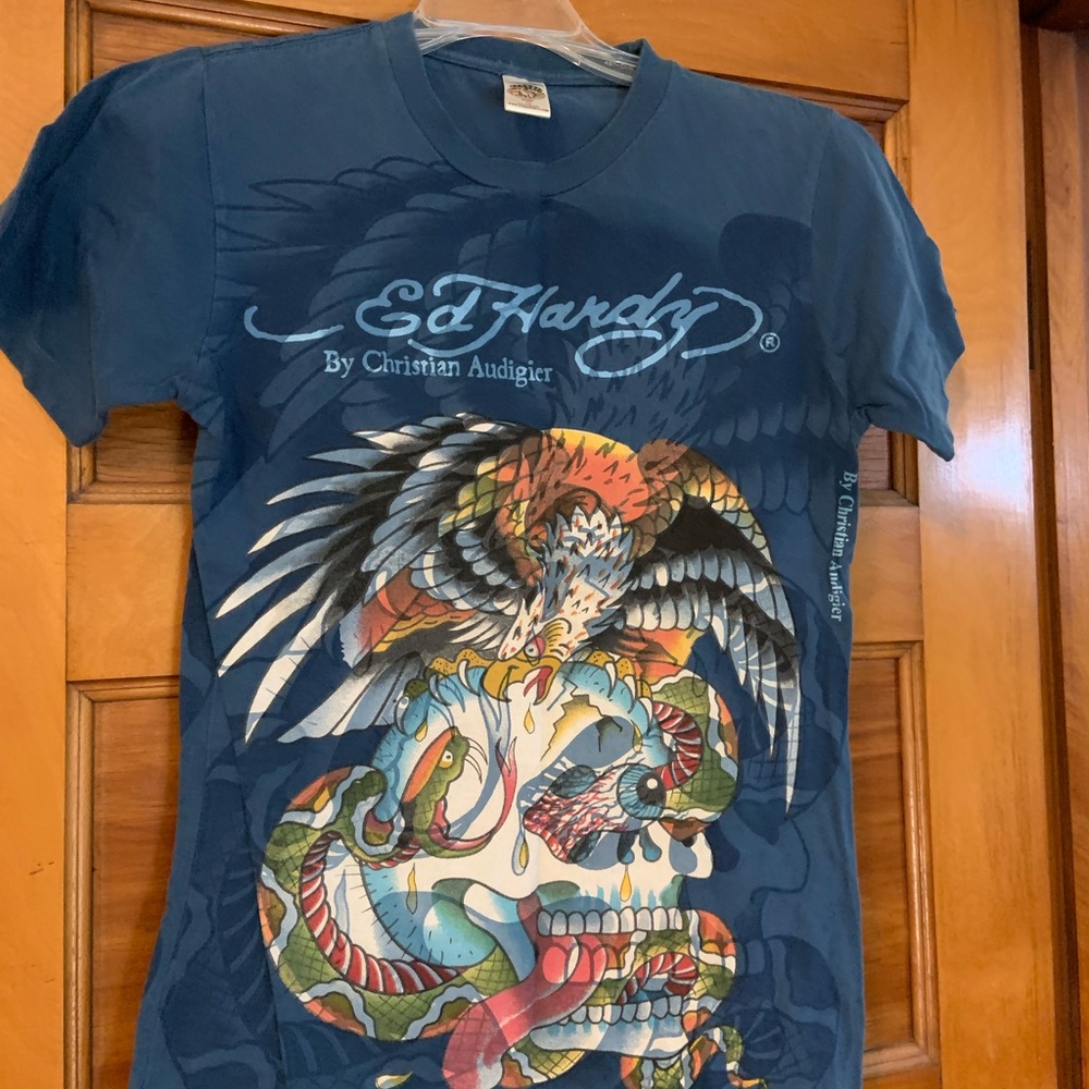 Y2K Christian Audigier Blue Graphic Tee with Multicolor Design